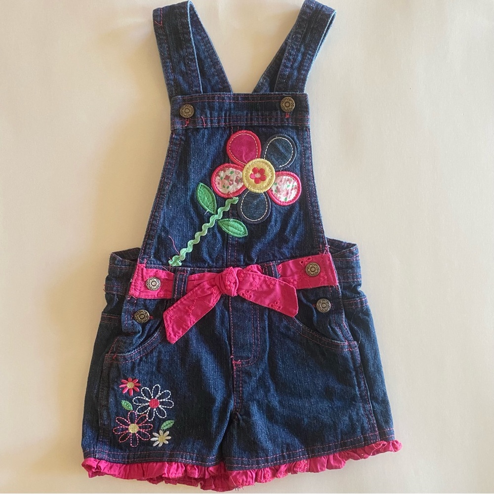 Y2K Denim Overall Shorts 4T Flower Patchwork Ric Rac Shortalls Ruffles
